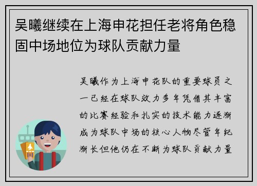吴曦继续在上海申花担任老将角色稳固中场地位为球队贡献力量 吴曦继续在上海申花担任老将角色稳固中场地位为球队贡献力量